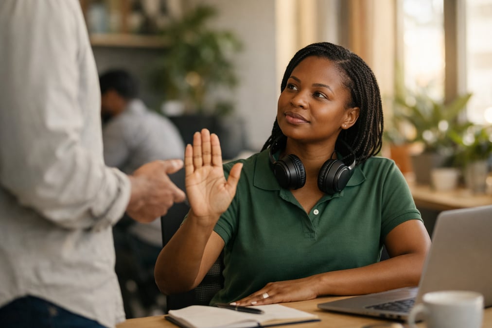 Professional rehearsing a pitch in front of a bathroom mirror before work