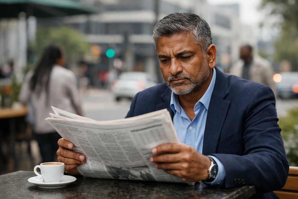 Man reviewing utility bill increases on printed statements at a desk