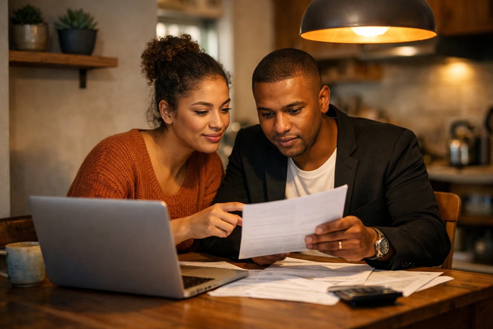Woman checking her credit score on a laptop with a concerned expression