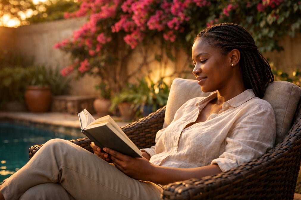 Person reviewing financial information about the art of living well in south africa at a desk