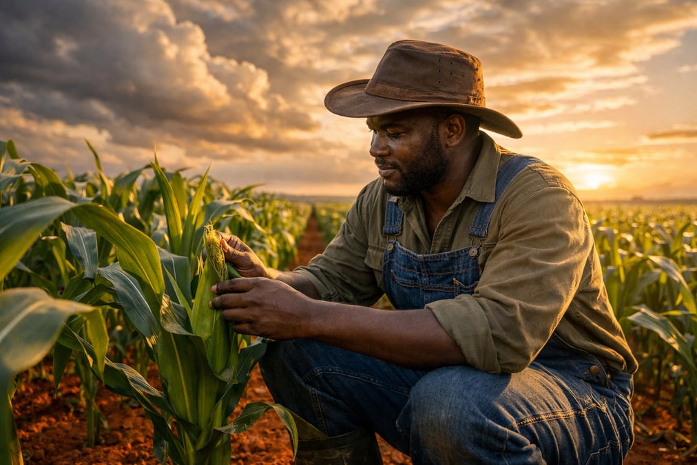 South African farmer inspecting green maize stalks in a vast Free State farm field at golden hour